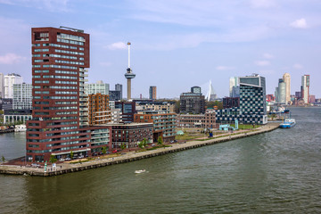 Rotterdam seafront, modern port buildings, Netherlands.