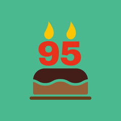 The birthday cake with candles in the form of number 95 icon. Birthday symbol. Flat