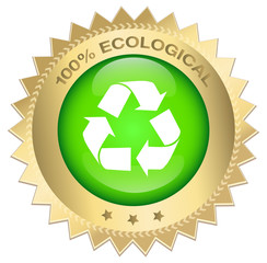 100% ecological guaranteed seal or icon with red banner and recycling symbol. Glossy golden seal or button with stars and elegant banner.