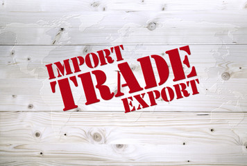 International import export and trade article on world map wooden background