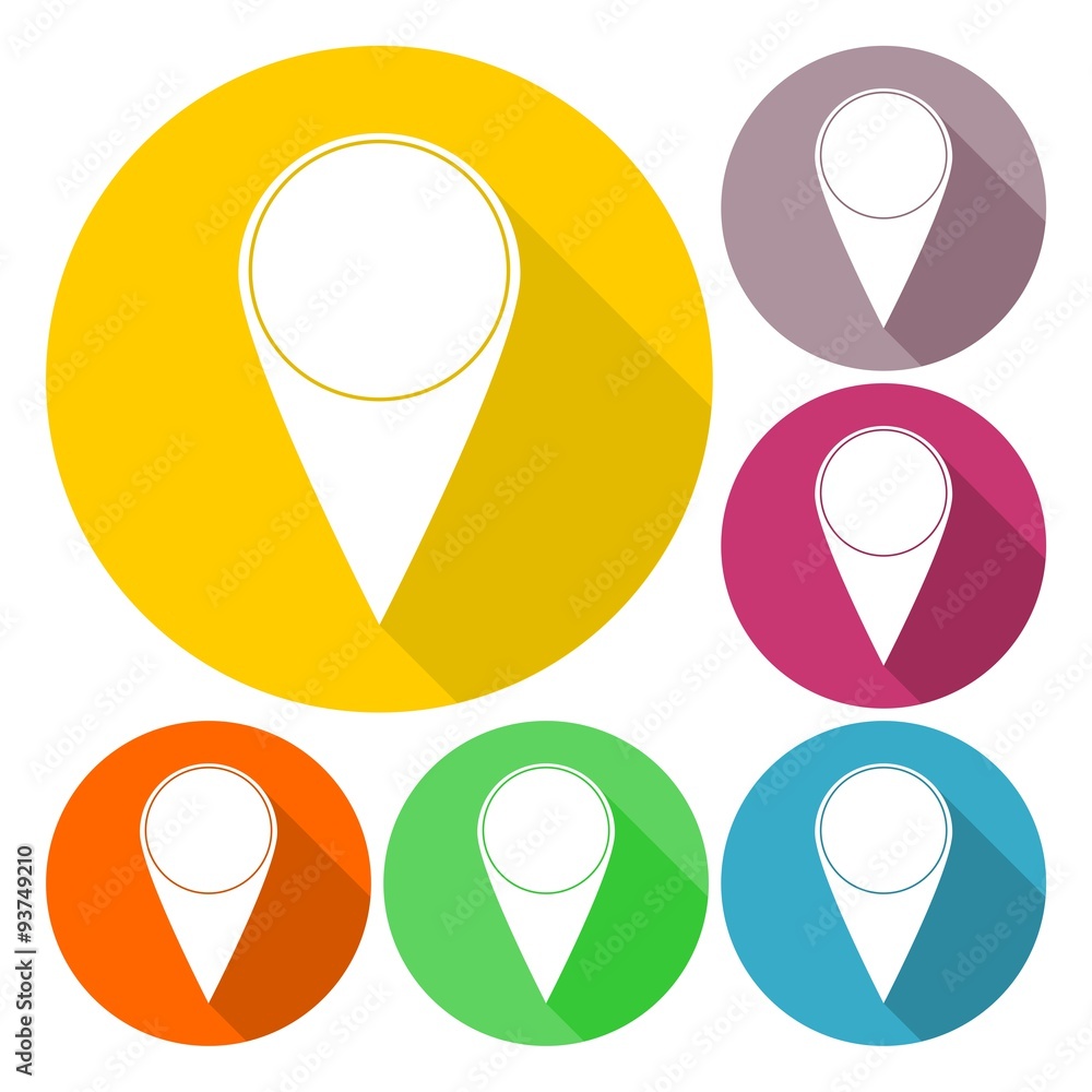 Poster map pointer icons set with long shadow
