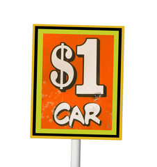 one dollar car for sale sign isolated on white