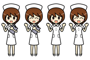 シンプルキャラクター　会話・表情イラスト集　看護師（スカート・ナースキャップ） 女性　ガッツポーズ1
