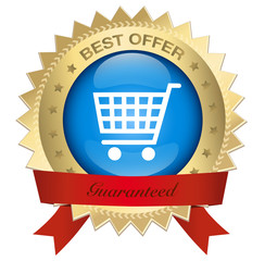 Best offer seal or icon with red banner and shopping cart symbol. Glossy golden seal or button with stars and elegant banner.