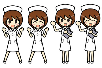 シンプルキャラクター　会話・表情イラスト集　看護師（スカート・ナースキャップ） 女性　ガッツポーズ2
