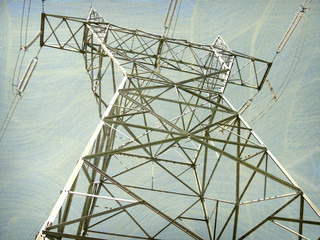 aged and worn vintage photo of electrical tower with power lines