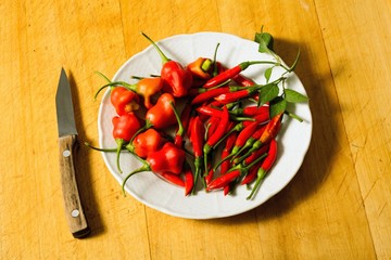 two type of chilli peppers on a white plate on a wooden board with a knife