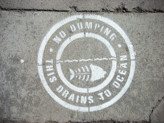 no dumping drains to ocean sign on concrete sidewalk