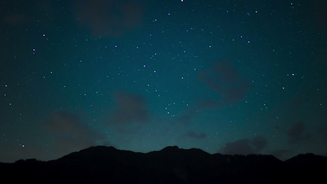 Night time lapse with mountain landscape and falling stars