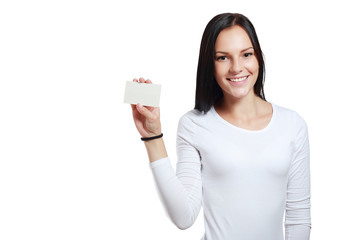 smiling business woman holding card