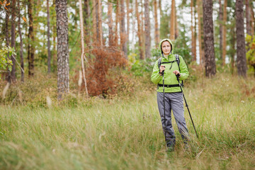 Fototapeta premium woman with hiking equipment walking in forest