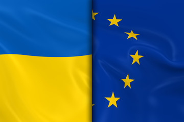 Flags of Ukraine and the European Union Split Down the Middle - 3D Render of the Ukrainian Flag and EU Flag with Silky Texture