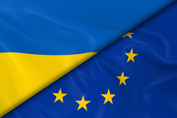 Flags of Ukraine and the European Union Divided Diagonally - 3D Render of the Ukrainian Flag and EU Flag with Silky Texture - obrazy, fototapety, plakaty