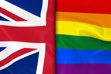 Flags of Gay Pride and the UK Split Down the Middle - 3D Render of the Gay Pride Rainbow Flag and the United Kingdom Flag with Silky Texture