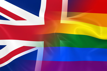 Gay Pride in the UK Concept Image - Gay Pride Rainbow Flag and the United Kingdom Flag Fading Together