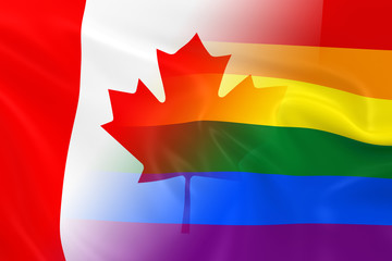 Gay Pride in Canada Concept Image - Gay Pride Rainbow Flag and the Canadian Flag Fading Together