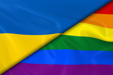 Flags of Gay Pride and Ukraine Divided Diagonally - 3D Render of the Gay Pride Rainbow Flag and the Ukrainian Flag with Silky Texture