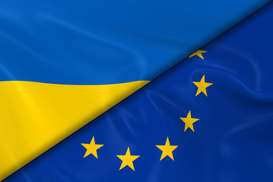 Flags of Ukraine and the European Union Divided Diagonally - 3D Render of the Ukrainian Flag and EU Flag with Silky Texture