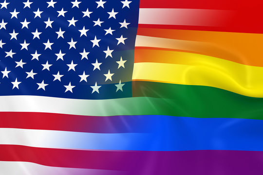 Gay Pride in America Concept Image - Gay Pride Rainbow Flag and the United States Flag Fading Together
