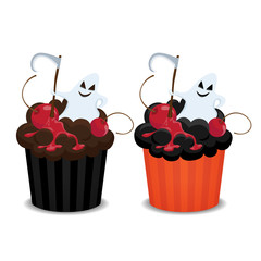 Halloween cupcakes with ghost and cherry. Cute cupcakes for the Halloween party, vector illustration.