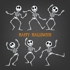 Halloween skeleton with assorted expressions, vector illustration.