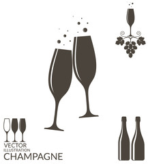 Champagne. Isolated wineglasses and bottles  