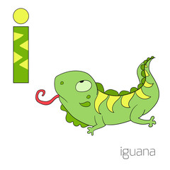 Alphabet letter I iguana children vector 