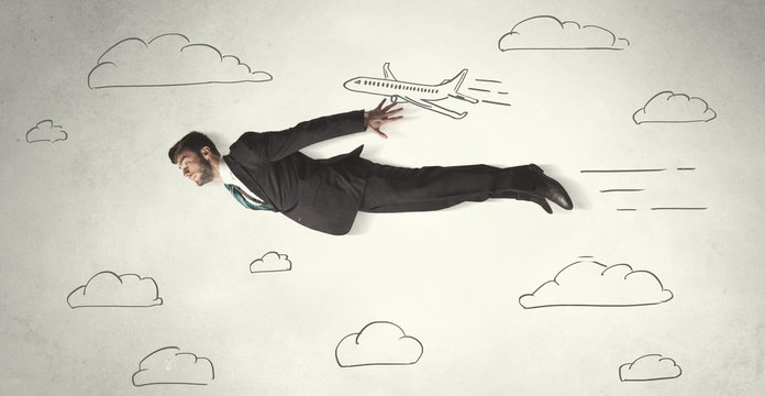 Cheerful business person flying between hand drawn sky clouds