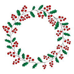 wreath of holly on white background Christmas greeting card