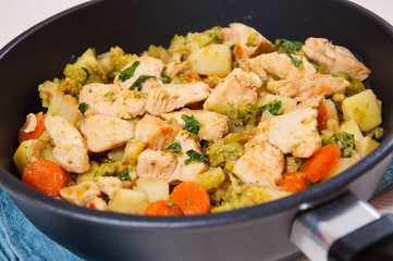stewed vegetables and meat in a frying pan