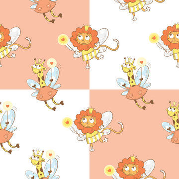 Vector seamless pattern with fairies giraffes and lions  on a checkered  background.