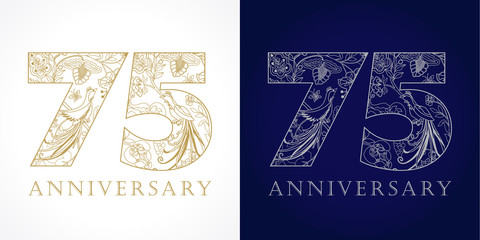 75 anniversary vintage logo. Template numbers of 75th jubilee in ethnic patterns and birds of paradise. - obrazy, fototapety, plakaty