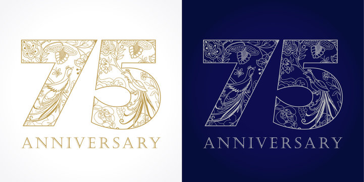 75 anniversary vintage logo. Template numbers of 75th jubilee in ethnic patterns and birds of paradise.