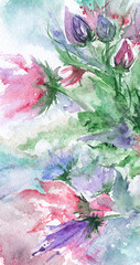 Watercolor romantic pink green violet flowers background