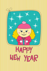 Happy new year greeting card handdrawn in child style 