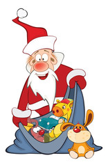 Illustration of Cute Santa Claus and a Sack Full of Gifts. Cartoon Character