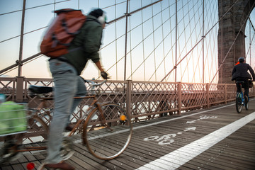 Bicycle road with cyclist on Brooklyn Bridge in New York City