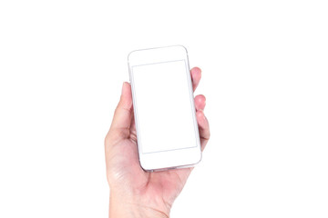 Hand holding white smartphone with blank screen