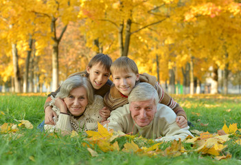 Fototapeta premium Grandparents and grandchildren in park