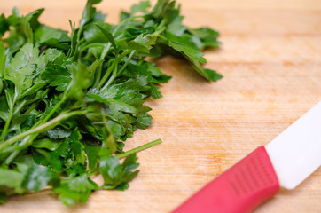 Green fresh parsley preparing to be chopped. Wood cutting board