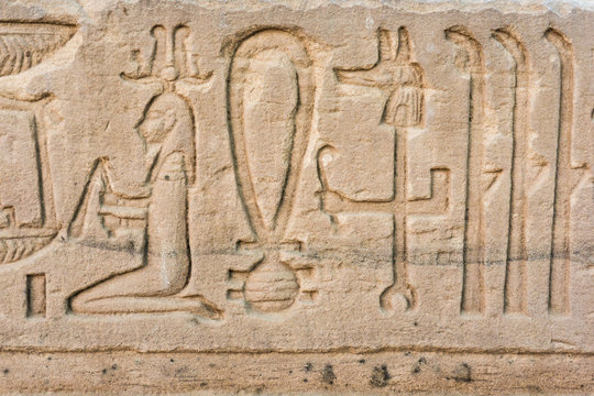old egypt hieroglyphs carved on the stone. Detail from temple wa