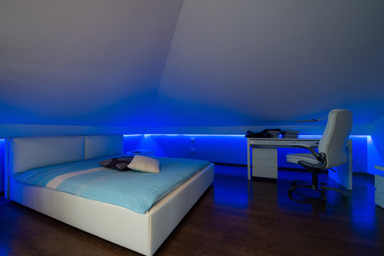 Bedroom in luxury loft apartment - ambient low light