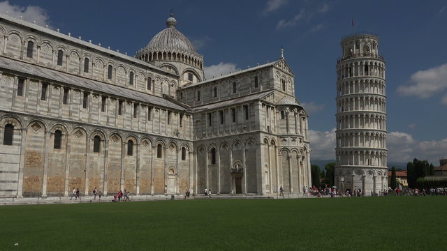 Pisa Italy Cathedral Tower across grass fast 4K 049