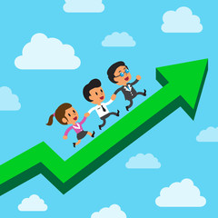 Cartoon business team running on a green arrow