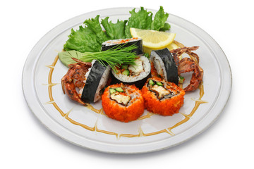 spider roll, maki sushi made of soft shell crab tempura and sushi rice.