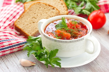 Traditional Russian Ukrainian vegetable borscht soup