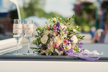 Beautiful bridal bouquet  whith ribbons and lace 