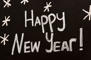 Happy New Year message greeting written on a blackboard
