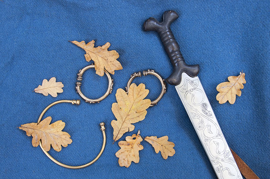 Reconstructed celtic sword with oak leaves