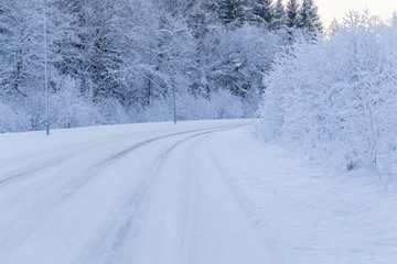 Winter evening forest with road covered with snow